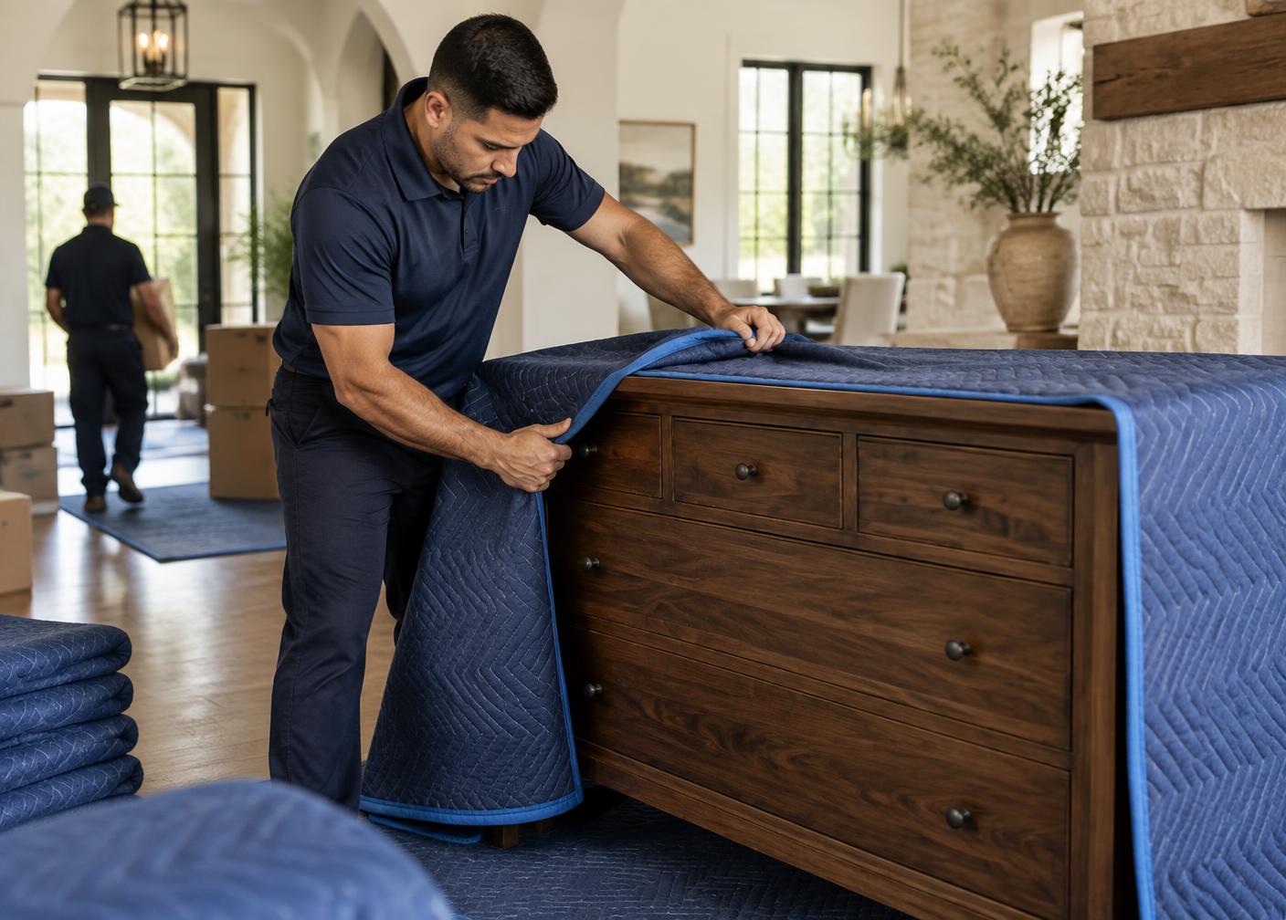 Mover securing a wood dresser with a quilted moving blanket